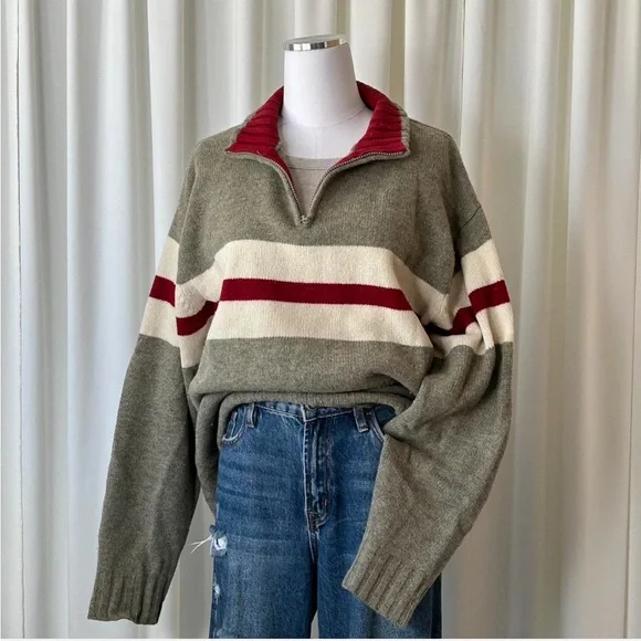 GAP Olive Green, Cream & Burgundy Half-Zip Stripe Sweater - Picture 3 of 8